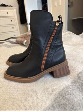 Women's Black Ankle Boot with Brown Trim and Block Heel